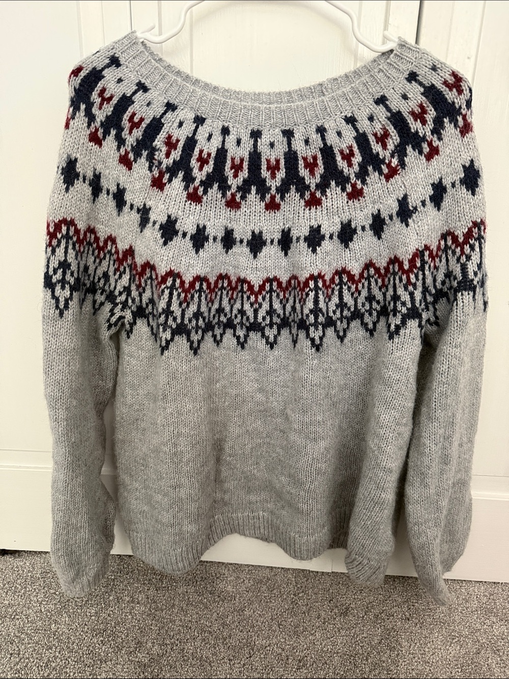 Old Navy Gray Fair Isle Yoke Crewneck Sweater with Navy and Burgundy Accents